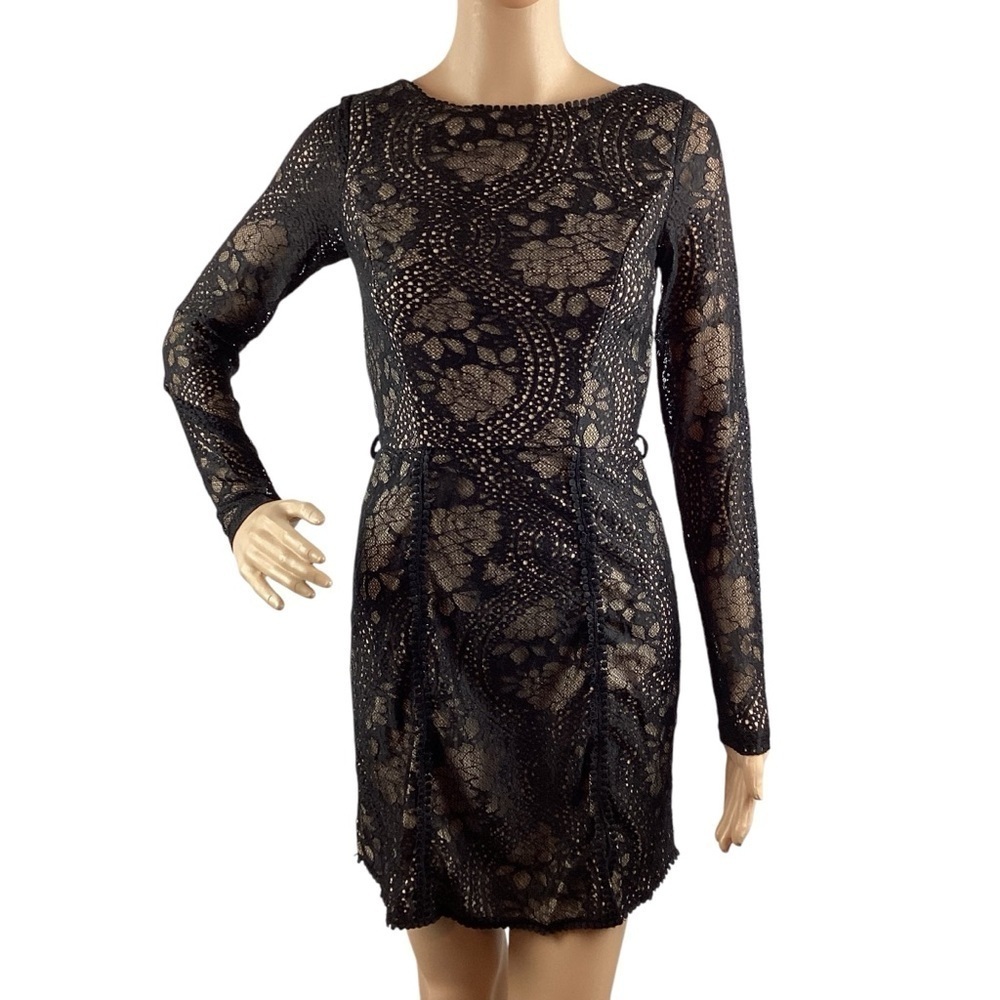 Selfie Leslie Emme Black Lace Mini Dress Long Sleeve Open Back Party Dress S